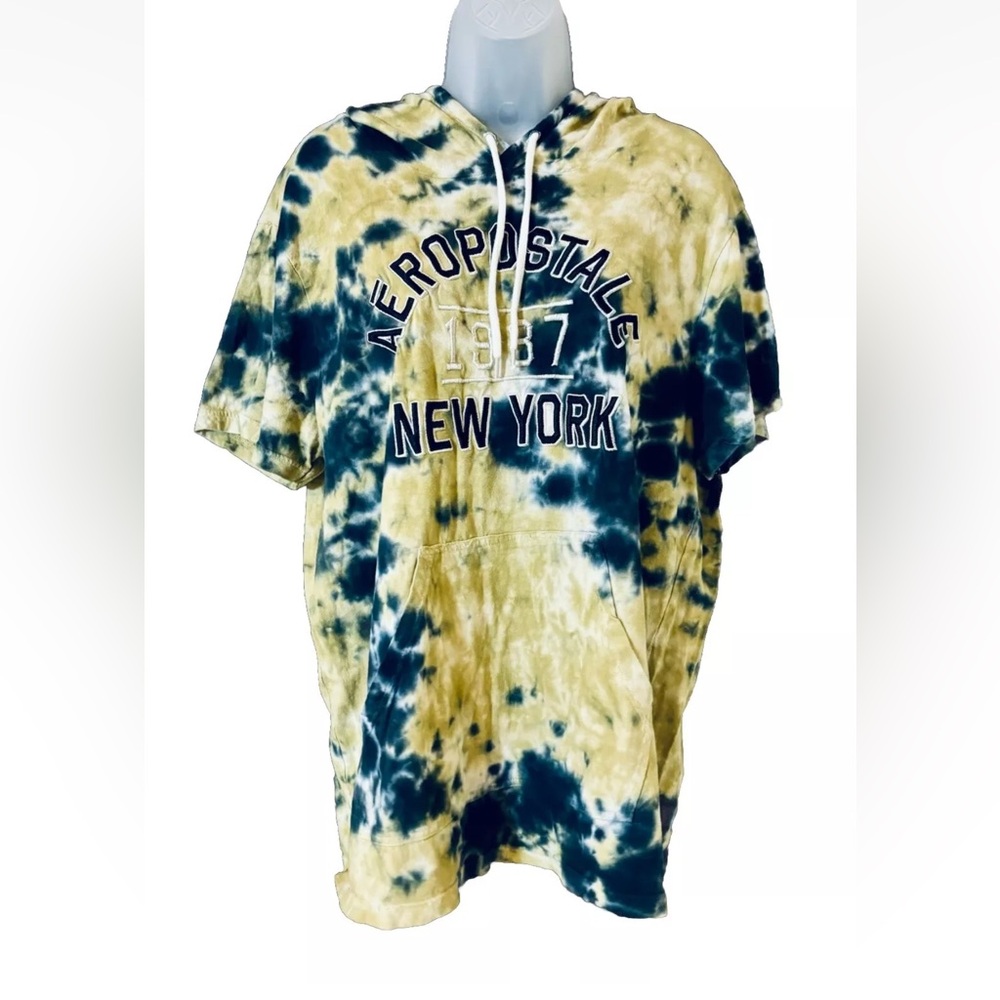 Aeropostale 1987 New York Short Sleeve Tie Dye Hooded Shirt Front Pocket Size L